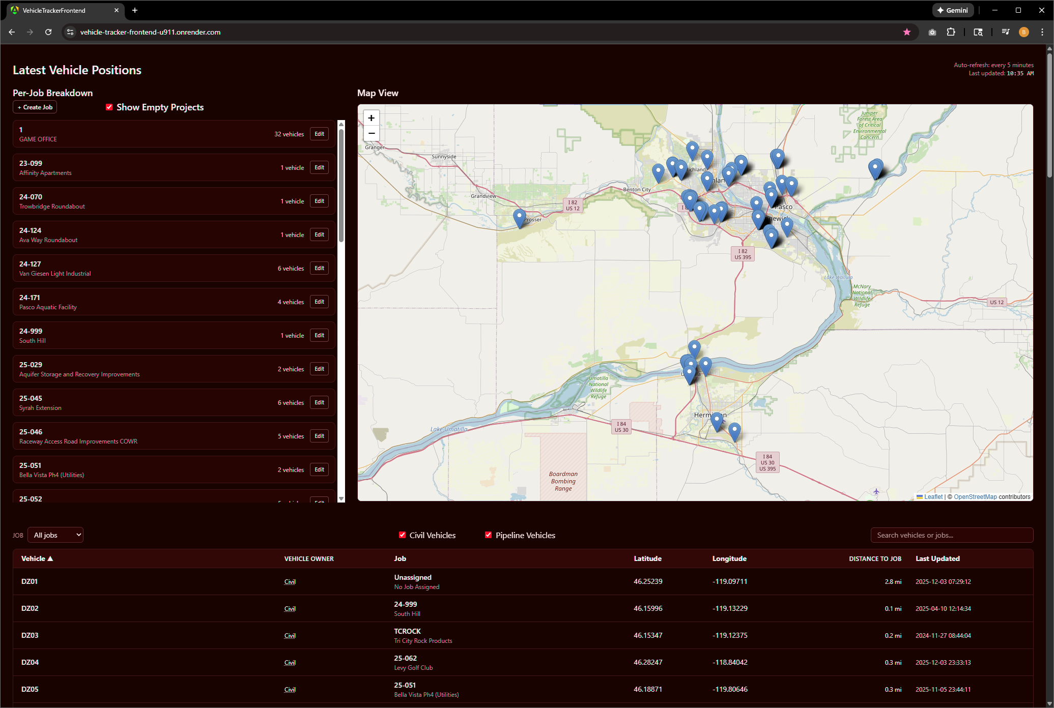 Vehicle tracker app screenshot